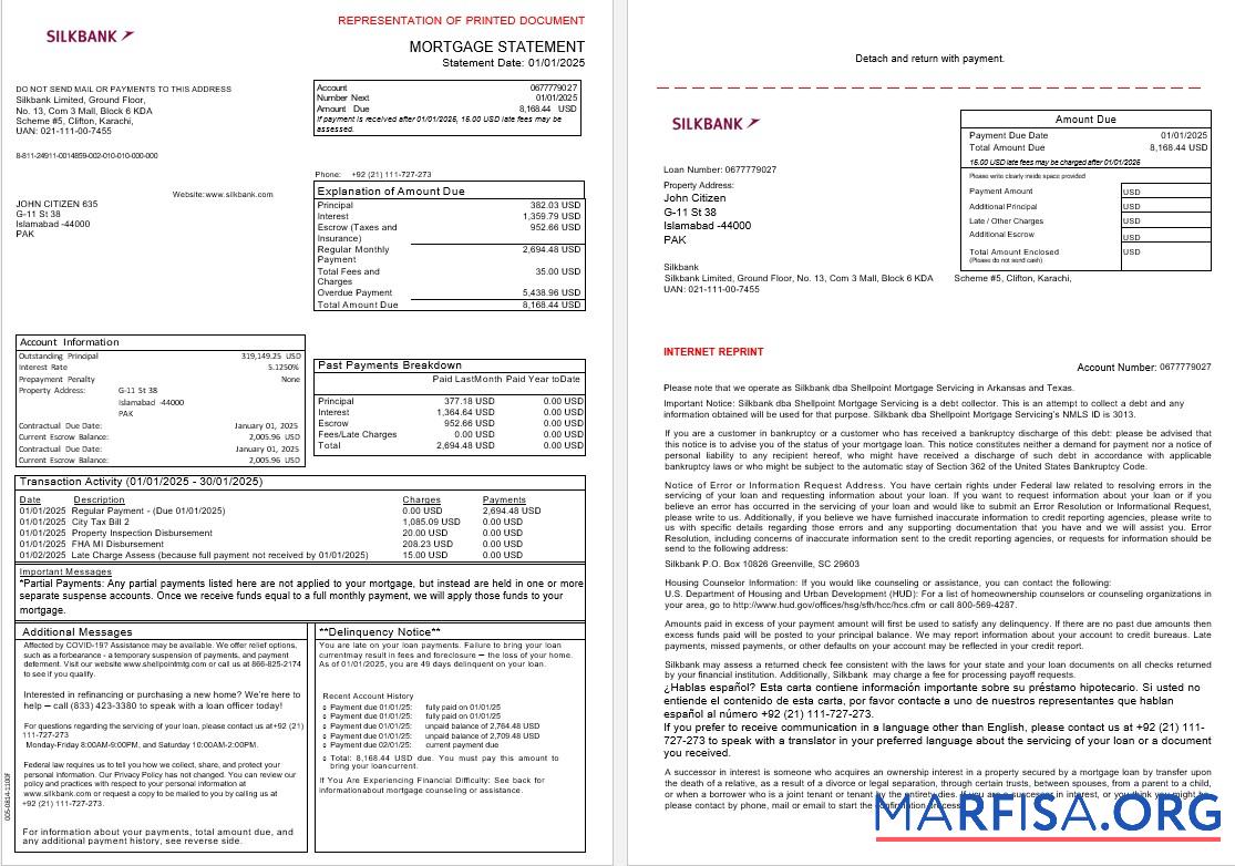 Downloadable Pakistan Silkbank mortgage statement in Word and PDF formats, 3 pages 1 2 template